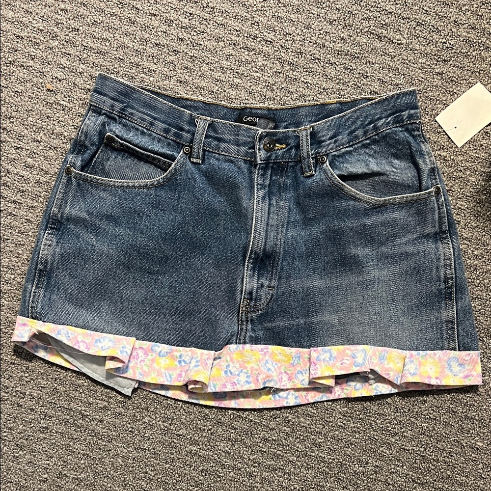 Denim Skirt with Floral Hem